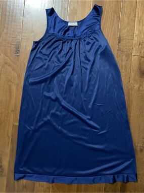 Vintage Vanity Fair Navy blue satin slip dress nightgown with lace trim, size S